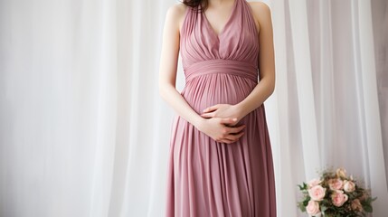 Young pregnant woman in elegant pink clothes, pregnancy belly closeup - maternity concept