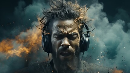 Man Listening to Music Surrounded by Smoke