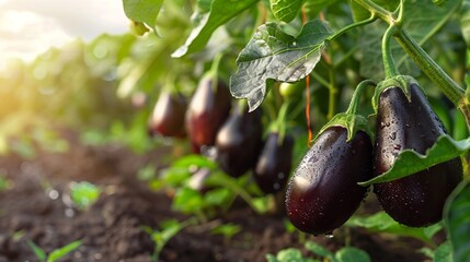 close-up view of eggplants growing on plants in a field. several ripe, dark purple eggplants hanging from their plants.  - obrazy, fototapety, plakaty