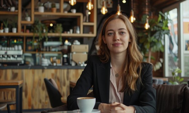  beautiful business woman Sit and sip coffee 