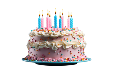 Birthday Cake With Many Lit Candles. On a White or Clear Surface PNG Transparent Background.