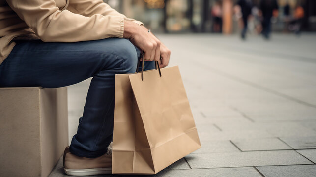 Man in Casual Attire Taking a Break on City Sidewalk with Shopping Bags, Street-Level Viewpoint in Urban Setting, Concept of Urban Lifestyle and Leisure Time