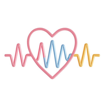 Stylized heart with an electrocardiogram line in pastel pink, blue, and yellow isolated on transparent