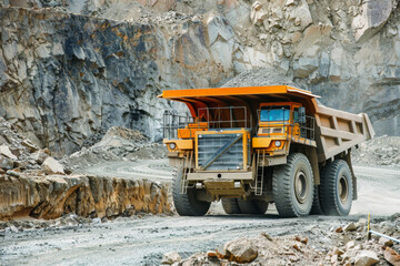 A mining dump truck navigates through the quarry, its colossal tires gripping the rugged terrain while transporting heaps of earth and minerals.