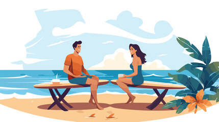 Obraz na płótnie Canvas Couple enjoying summer with surf table isolated vector