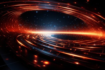 Abstract red grid tunnel, futuristic 3d cosmic wormhole portal with spiral technology