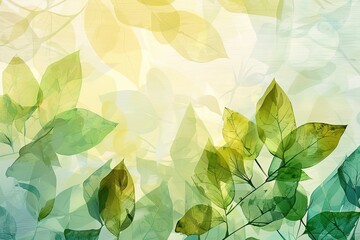 Spring background with transparent leaves and watercolor effect textures