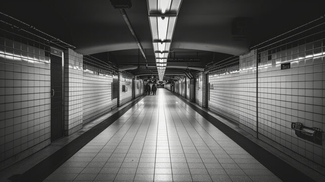 Black and white image of an underground passage of a metro station.