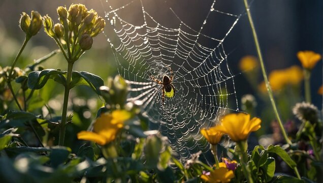 As we enter spring, a spider has made a web among the flowers