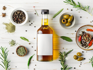 Oil vinegar bottle mockup on white wooden background, with spices, olives and blank label to place your design 