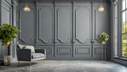 interior of a hotel room, table against grey paneling wall. Minimalist home interior design of modern living room