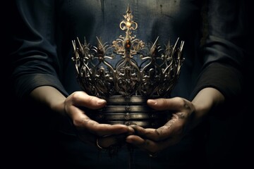
Photography focusing on the hands holding the crown, detailed enough to see the texture of the skin against the metal of the crown, representing the human aspect of monarchy. - obrazy, fototapety, plakaty