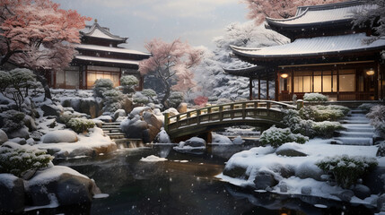 Onsen ryokan or a traditional classic modern Japanese house with Japanese garden in wintertime. Wide format 