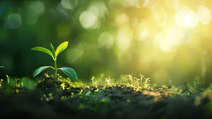 Foto op Canvas A small green plant is growing in the dirt. The image has a peaceful and calming mood, as it shows the beauty of nature and the growth of a new life © Daw