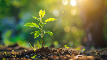 A small green plant is growing in the dirt. The image has a peaceful and calming mood, as it shows the beauty of nature and the growth of a new life - obrazy, fototapety, plakaty