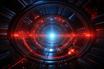 Abstract red grid tunnel. futuristic cosmic wormhole with spiral technology for sci-fi concepts - obrazy, fototapety, plakaty