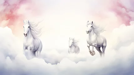 Fotobehang White horses running among the clouds, watercolor postcard background © kichigin19