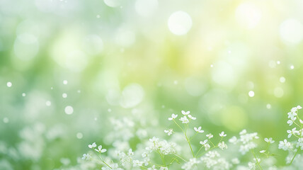 Obraz premium White wildflowers among greenery in the sunlight, a postcard on a spring background
