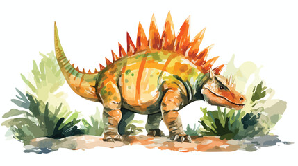 Dinosaur watercolor illustration. Orange Stegosauru