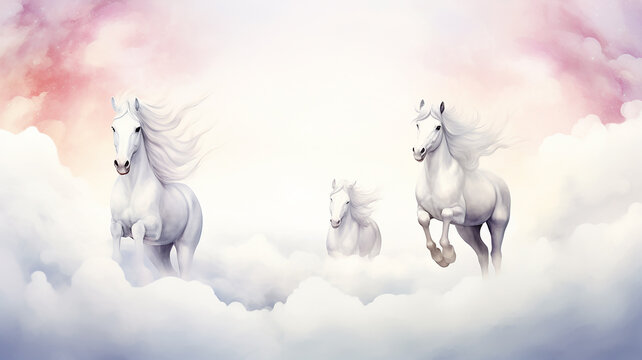 White horses running among the clouds, watercolor postcard background