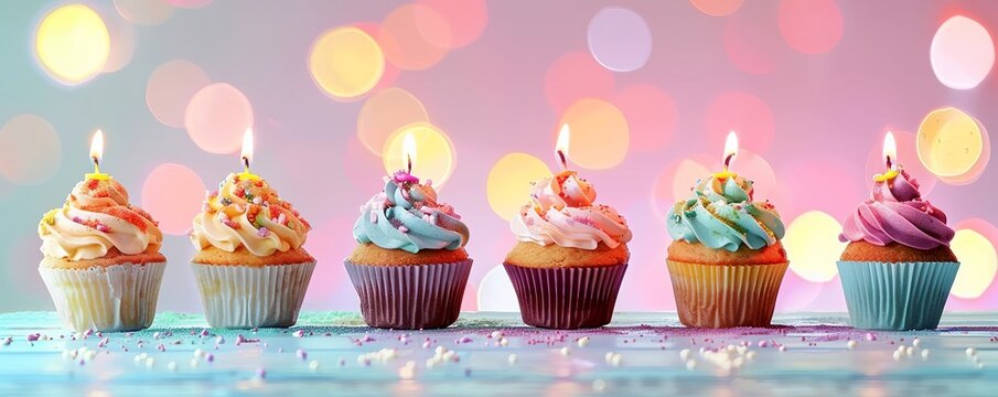 Colorful Cupcakes Adorned with Candles, Illuminated by Bokeh Lights. Made with Generative AI Technology