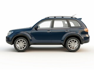A side view of a sleek blue sport utility vehicle isolated on a white background, highlighting...