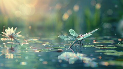 At the edge of a shimmering pond, a delicate dragonfly hovers gracefully, its translucent wings catching the light in a dazzling display of iridescence.