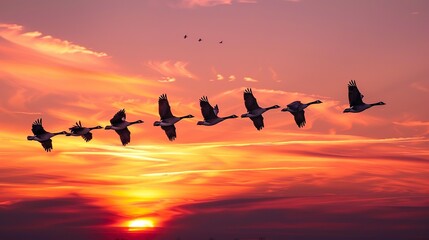 A migrating flock of geese flying in V-formation across a sunset sky.