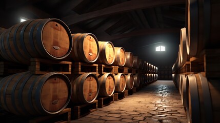 Oak Wine Barrels in Old Dark Wine Cellar Stack

