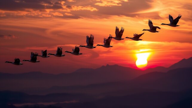 A migrating flock of geese flying in V-formation across a sunset sky.