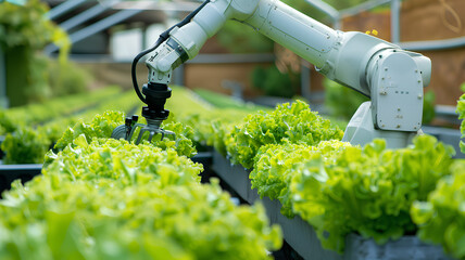 A robot is picking up a head of lettuce in a greenhouse. The robot is designed to pick the lettuce without damaging it