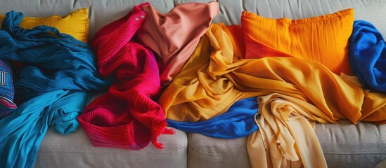 Vibrant attire scattered on a couch against a neutral backdrop.