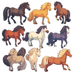Colorful horses Clipart isolated on white background