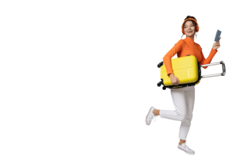 PNG,A young girl in headphones and with a yellow suitcase, isolated on white background