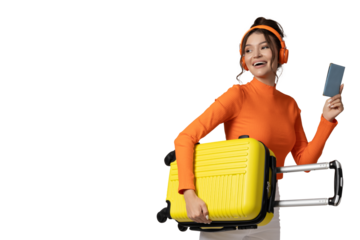 PNG,A young girl in headphones and with a yellow suitcase, isolated on white background