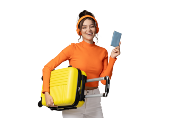 PNG,A young girl in headphones and with a yellow suitcase, isolated on white background