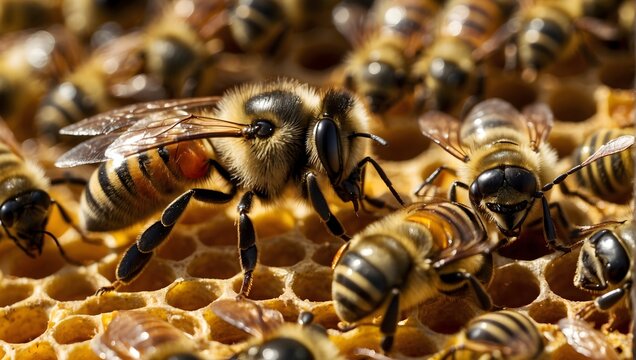 A close-up of a bee queen, distinguished by a dot, surrounded by her worker bees in the hive Generative AI