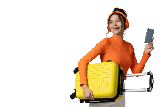 PNG,A young girl in headphones and with a yellow suitcase, isolated on white background