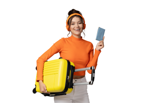 PNG,A young girl in headphones and with a yellow suitcase, isolated on white background