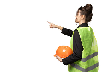 PNG,young girl in the uniform of a construction worker with a hard hat, isolated on white background