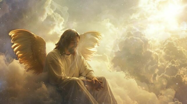 Lord Jesus is resting on a beautiful cloud. seamless looping time-lapse virtual 4k video Animation Background.