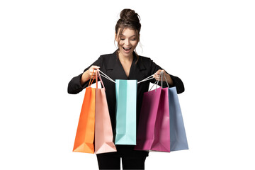 PNG, young girl in black suit with bags, isolated on white background