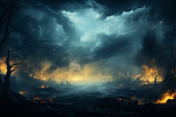 Naklejka premium Dramatic smoke with blue and yellow glowing effect for ukraine-themed design and halloween backdrop