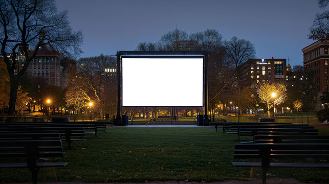 customizable university lecture hall projector screen for advertising presentation mockup in Boston environment, night view