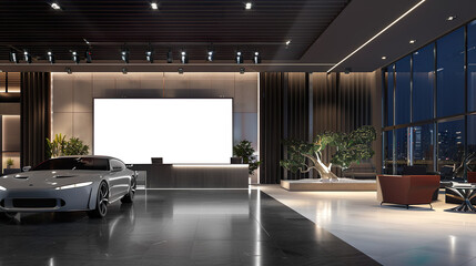  customizable car dealership showroom screen for advertising presentation mockup in Dubai environment, night view