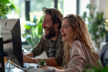 Couple enjoying with computer, man and woman using internet to laugh together in their living room