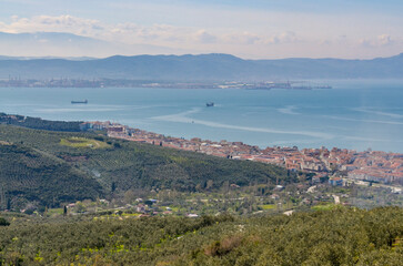 Gemlik coastline and Gulf of Gemlik scenic view from Kucuk Kumla valley (Bursa region, Turkiye)