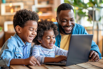 Family surfing the internet, african-american father and sons using a laptop at home with smiles and fun