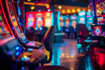 Naklejka premium Lady Luck's Labyrinth: Blurred Casino Interior with Slot Machines. Abstracting the Thrill & Mystery of Gambling.