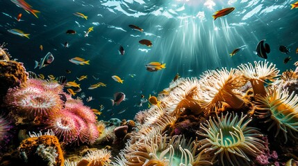 A school of fish swimming together through a coral reef, weaving between colorful sea anemones.
